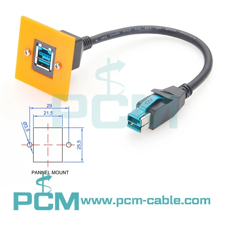 Powered USB 12V Male to Female Panel Mount Cable 0.3m for POS Expansion Card & USB Hub