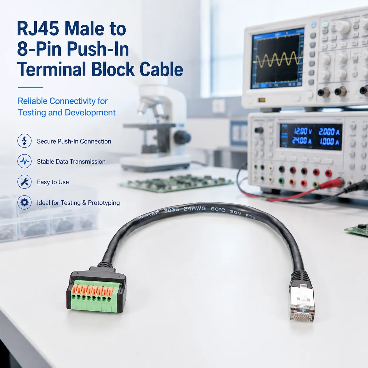 RJ45 Male - 8-핀 푸시인 터미널 블록 케이블 가이드: 네트워크 테스트, 산업 제어 및 장비 디버깅을 위한 CAT5e 브레이크아웃...