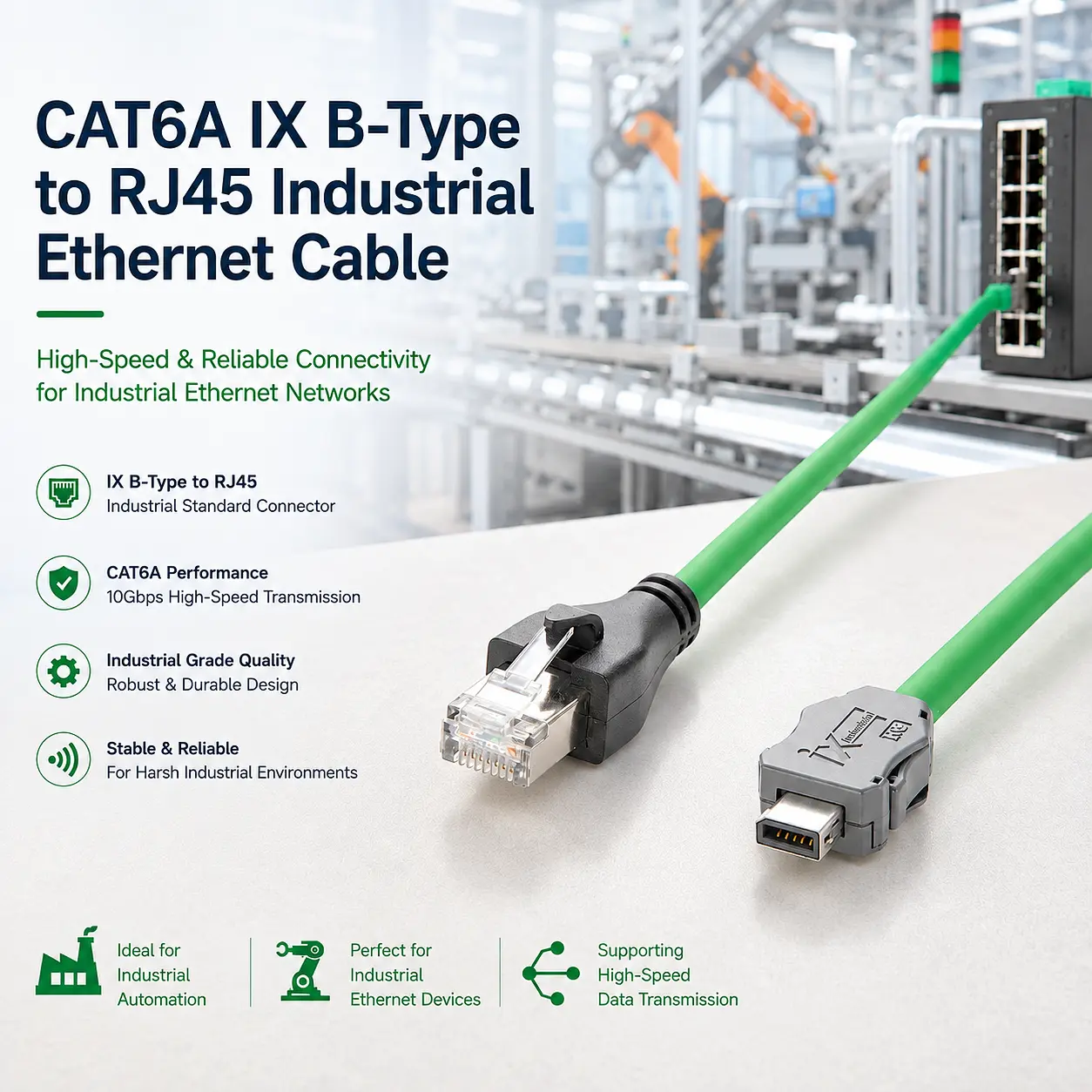 CAT6A IX B-유형-RJ45 산업용 이더넷 케이블 가이드: PLC, 로봇 공학, 비전 및 네트워크 시스템용 차폐 26AWG SFTP 링크.