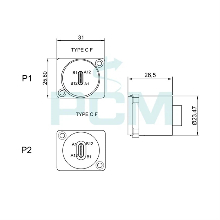 USB C panel mount feedthrough connector drawing